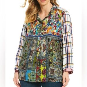 John Mark Mixed Multi Print, Long Roll-Tab Sleeves, Button Front Tunic
